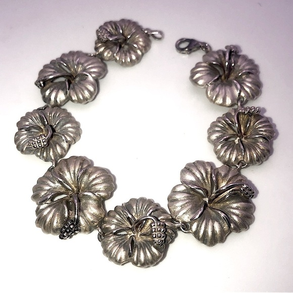 VTG Sterling Hibiscus Flower Link Floral Hawaiian Fetish Bracelet 8” / HEAVY 39g - Picture 2 of 10